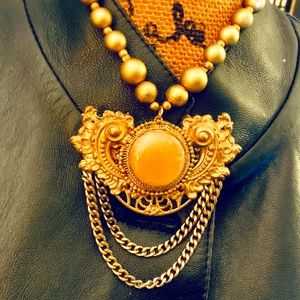 HANDMADE VINTAGE HORN NECKLACE -GOLD WOODEN BEADS UNIQUE -ONE-OF-A-KIND NEW COND